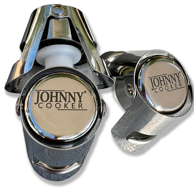 Stopper Hermético para Espumantes Johnny Cooker em aço inox polido, vedação interna em silicone com dupla trava de segurança que se adapta a garrafas de espumantes em geral